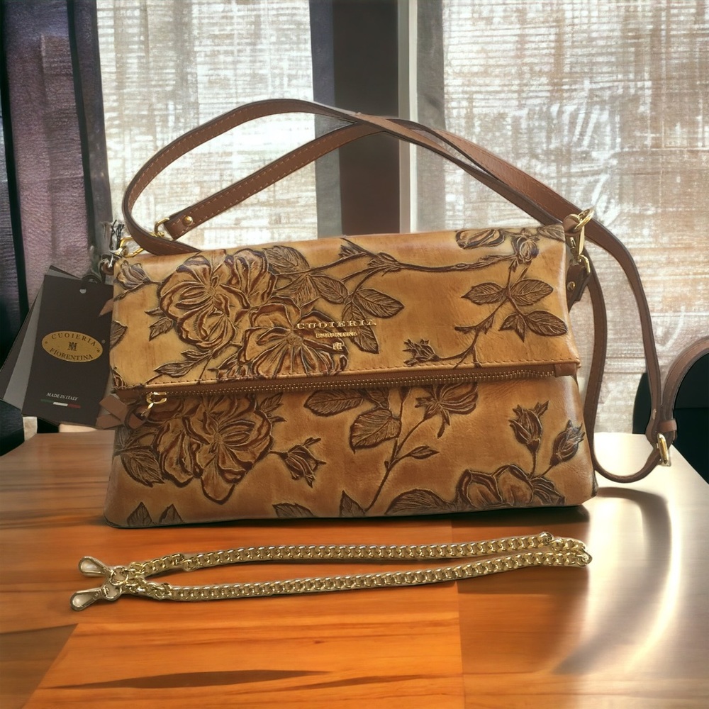 Italian Beige Leather Crossbody Bag/Clutch by Cuoieria Fiorentina